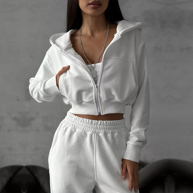 Damen-2-Teiler – Kurzes Kapuzenoberteil mit langen Ärmeln & lange Hose im sportlichen Stil
