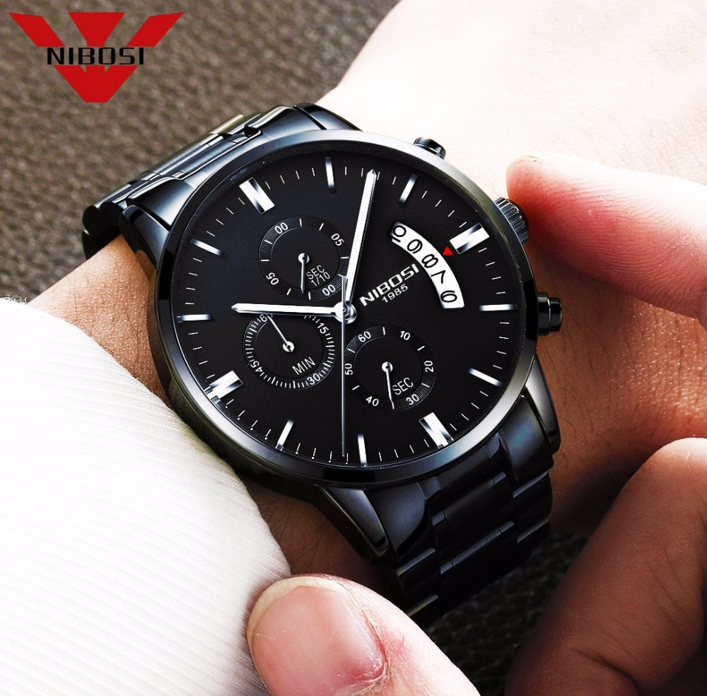 Nibosi Herrenuhr Quarz-Chronograph — 43 mm Edelstahlgehäuse, 3 bar wasserdicht, inklusive Geschenkbox