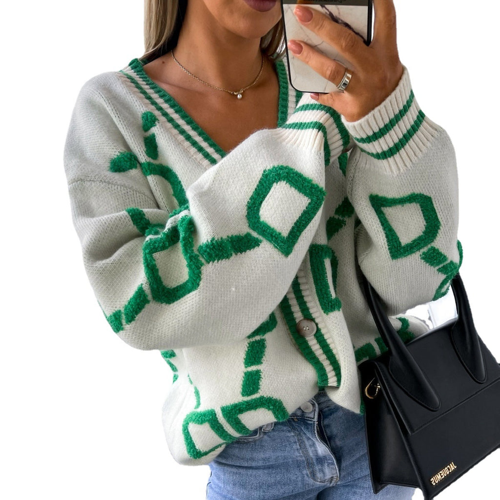 Damen-Strickjacke mit V-Ausschnitt, Color-Block, Buchstaben, geknöpft, casual