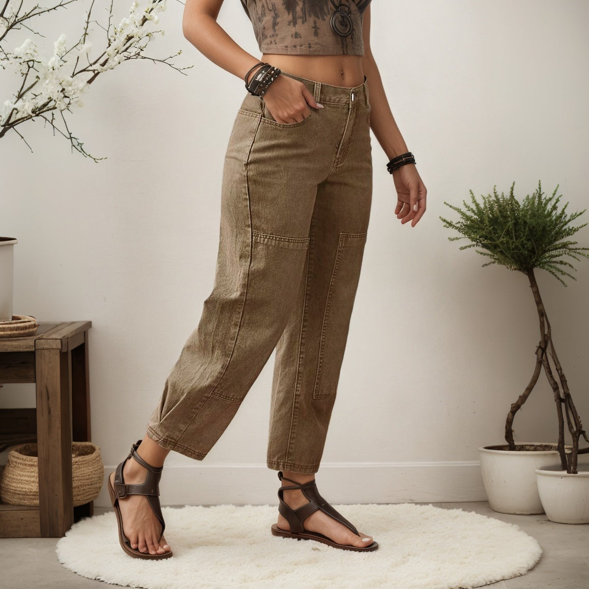 Jean velours côtelé femme taille haute – Coupe large & décontractée, Marron foncé
