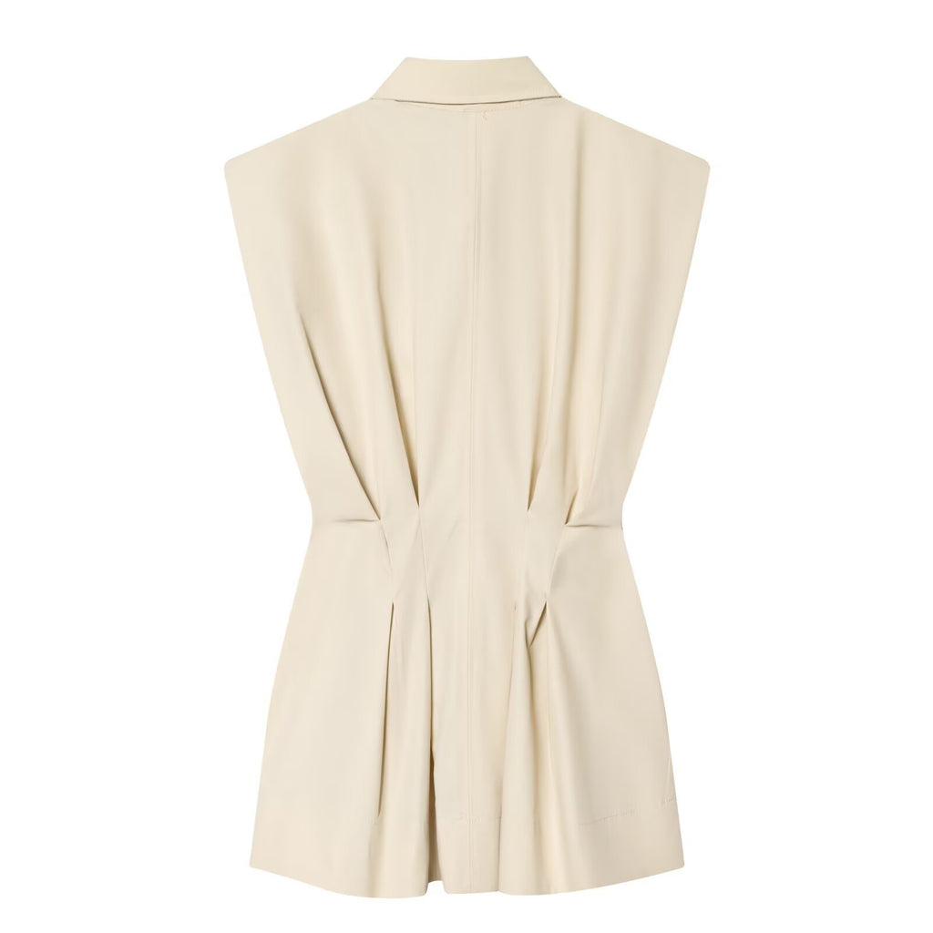 Blouse femme sans manches à col chemise et taille plissée
