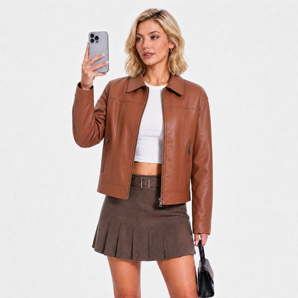 Veste femme zippée en simili cuir à col rabattu