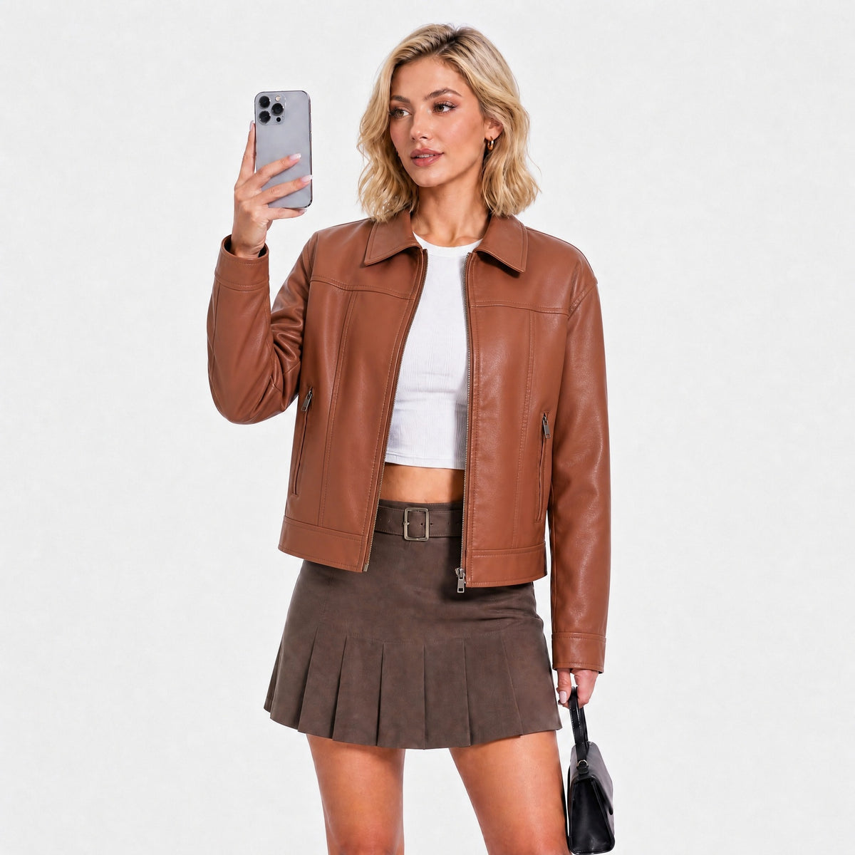 Veste femme zippée en simili cuir à col rabattu