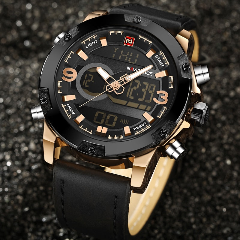 Naviforce Herrenuhr Ana-Digi Quarz — Lederarmband, Alarm, Chronograph, 46,5 mm