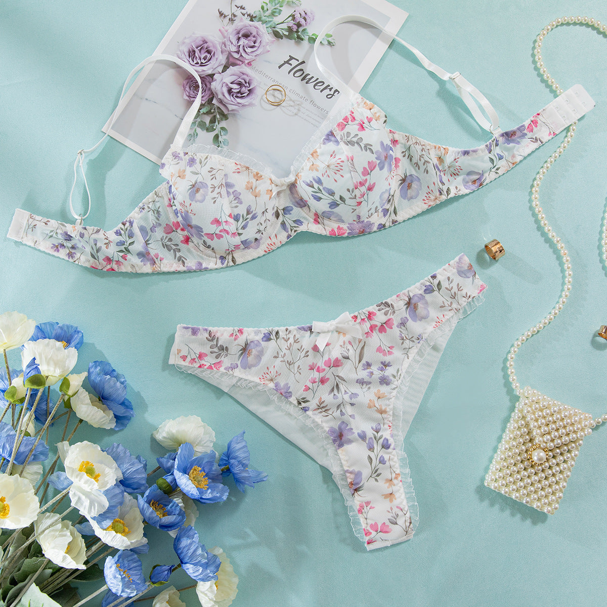 Ensemble lingerie femme en maille à petits nœuds
