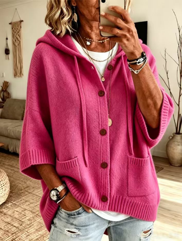Einfarbige Damen-Kapuzenstrickjacke – Große Größen & 9 Farben
