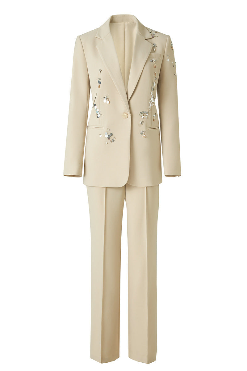 Tailleur pantalon femme à ornements brillants – Ensemble deux pièces