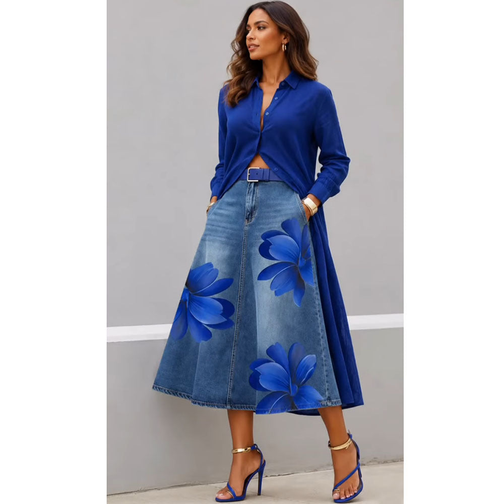 Jupe midi taille haute à imprimé floral, effet denim délavé