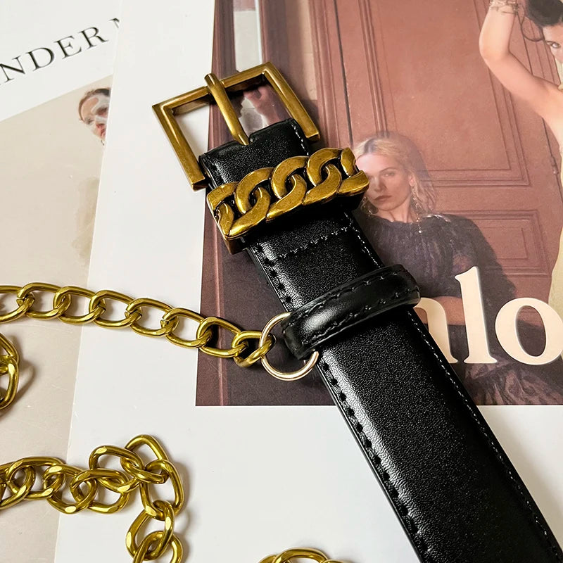 Ceinture femme en cuir avec chaîne dorée