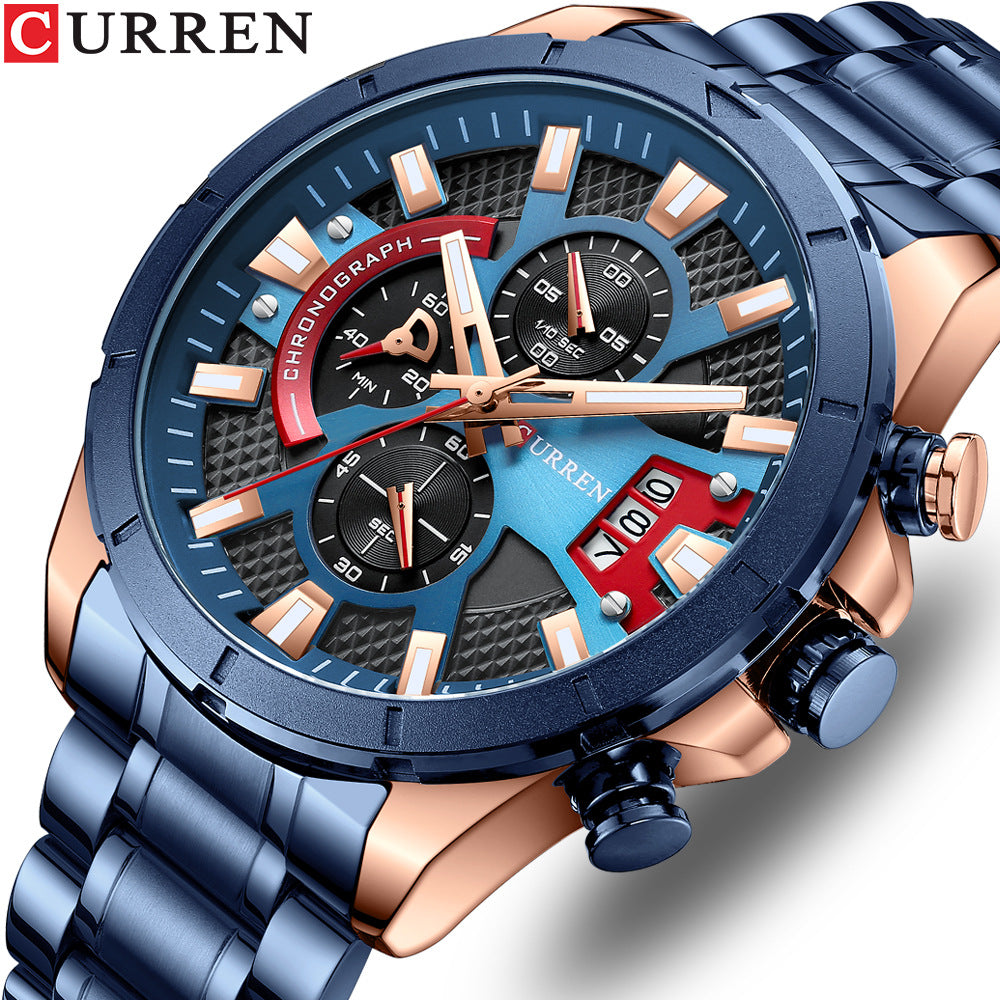Montre Homme 6 Aiguilles Quartz – Bracelet Acier Inoxydable & Calendrier