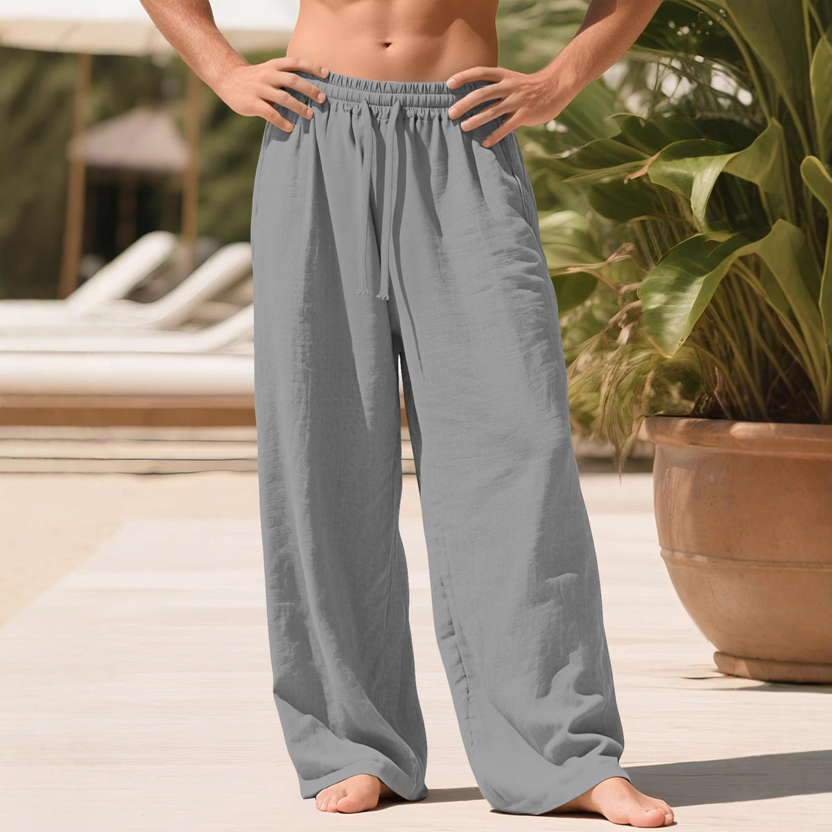 Pantalon homme ample en lin à cordon de serrage
