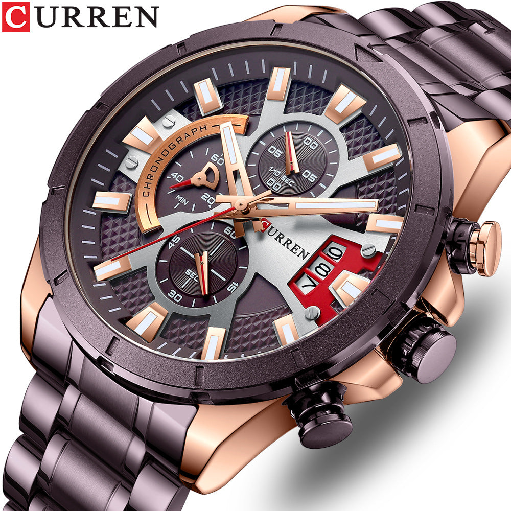Herrenuhr 6-Zeiger Quarz – Armband aus Edelstahl & Kalender