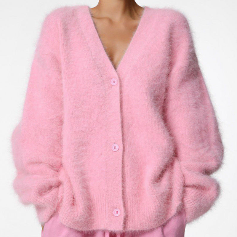 Damen-Cardigan mit V-Ausschnitt, Webpelz in Nerzoptik, locker geschnitten, 6 Farben
