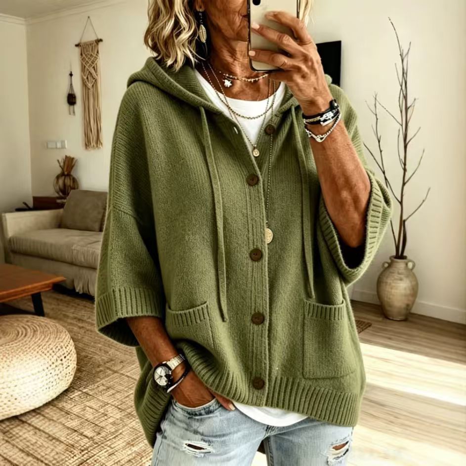 Einfarbige Damen-Kapuzenstrickjacke – Große Größen & 9 Farben