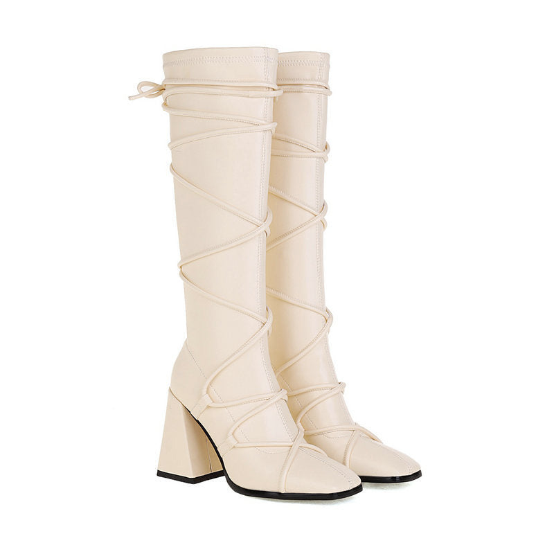 Damen-Overknee-Stiefel mit Blockabsatz – Punk-Stil, eckige Zehenpartie, Winter