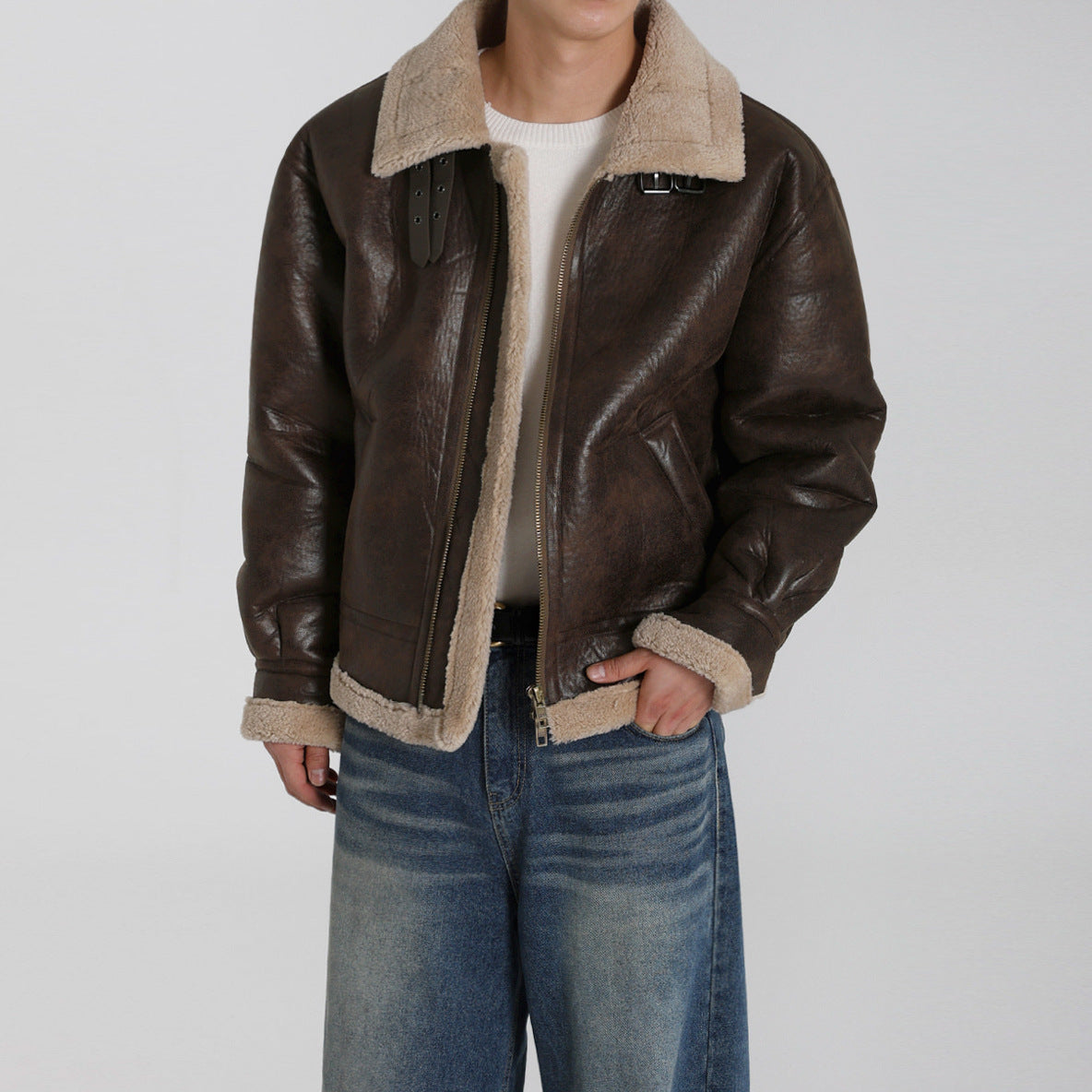 Blouson aviateur homme marron aspect cuir à col effet mouton