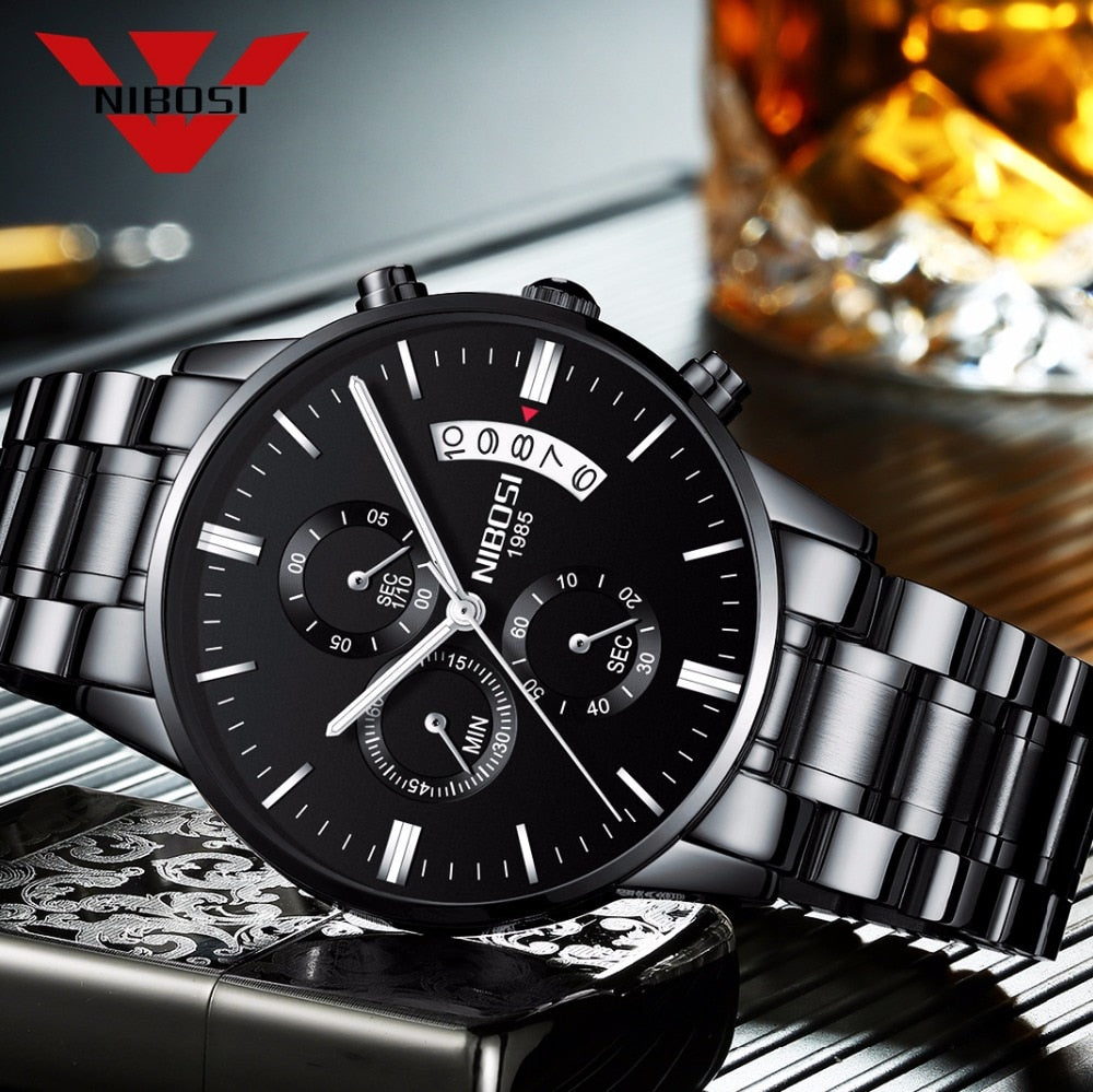 Nibosi Herrenuhr Quarz-Chronograph — 43 mm Edelstahlgehäuse, 3 bar wasserdicht, inklusive Geschenkbox
