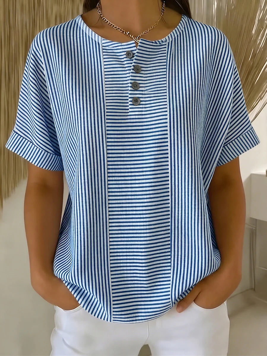 T-shirt femme rayé à manches courtes et col boutonné