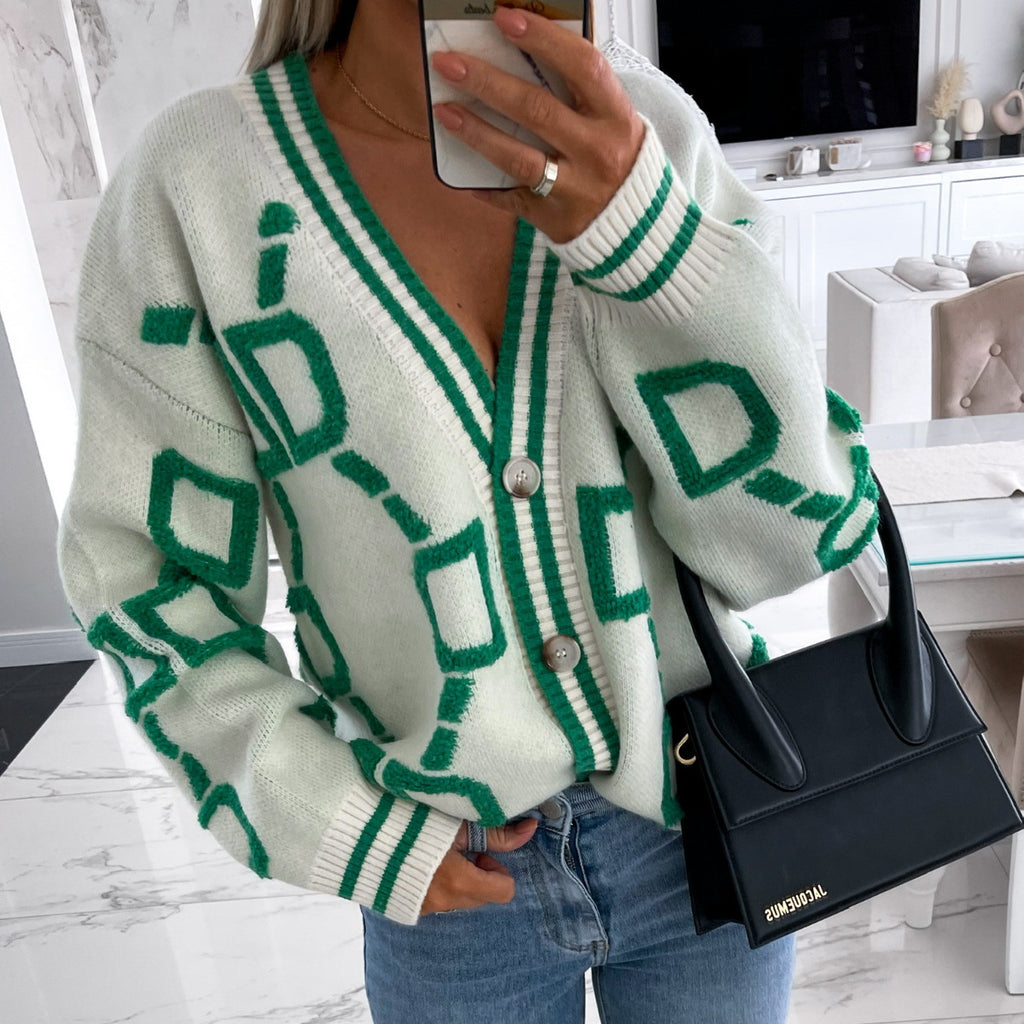 Damen-Strickjacke mit V-Ausschnitt, Color-Block, Buchstaben, geknöpft, casual