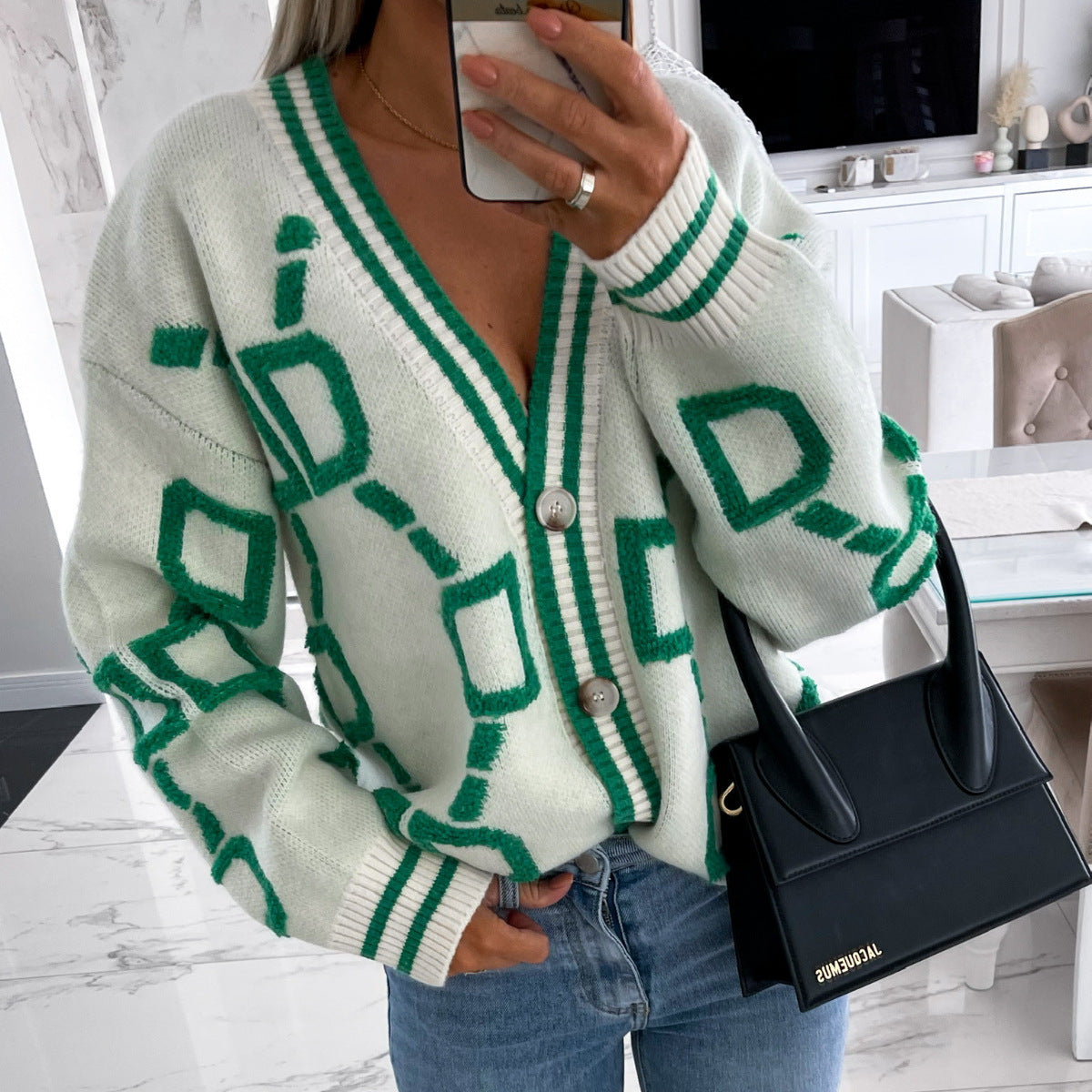 Damen-Strickjacke mit V-Ausschnitt, Color-Block, Buchstaben, geknöpft, casual