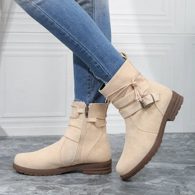 Chelsea Boots Femme – Suède, Talon Épais, Boucle Ceinture, Automne Hiver