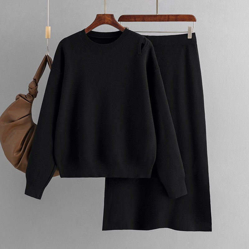 Ensemble femme en maille – Pull et jupe midi fendue
