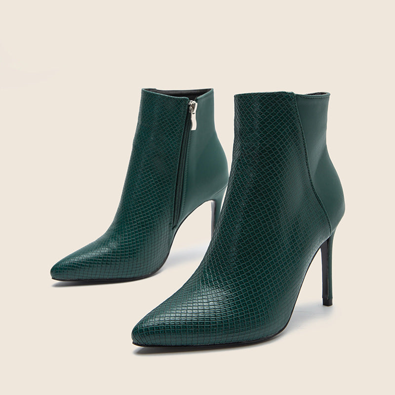Bottines Femme Talon Fin 9 cm Motif Serpent — Style Britannique, Noir & Vert, Pointures 34–39