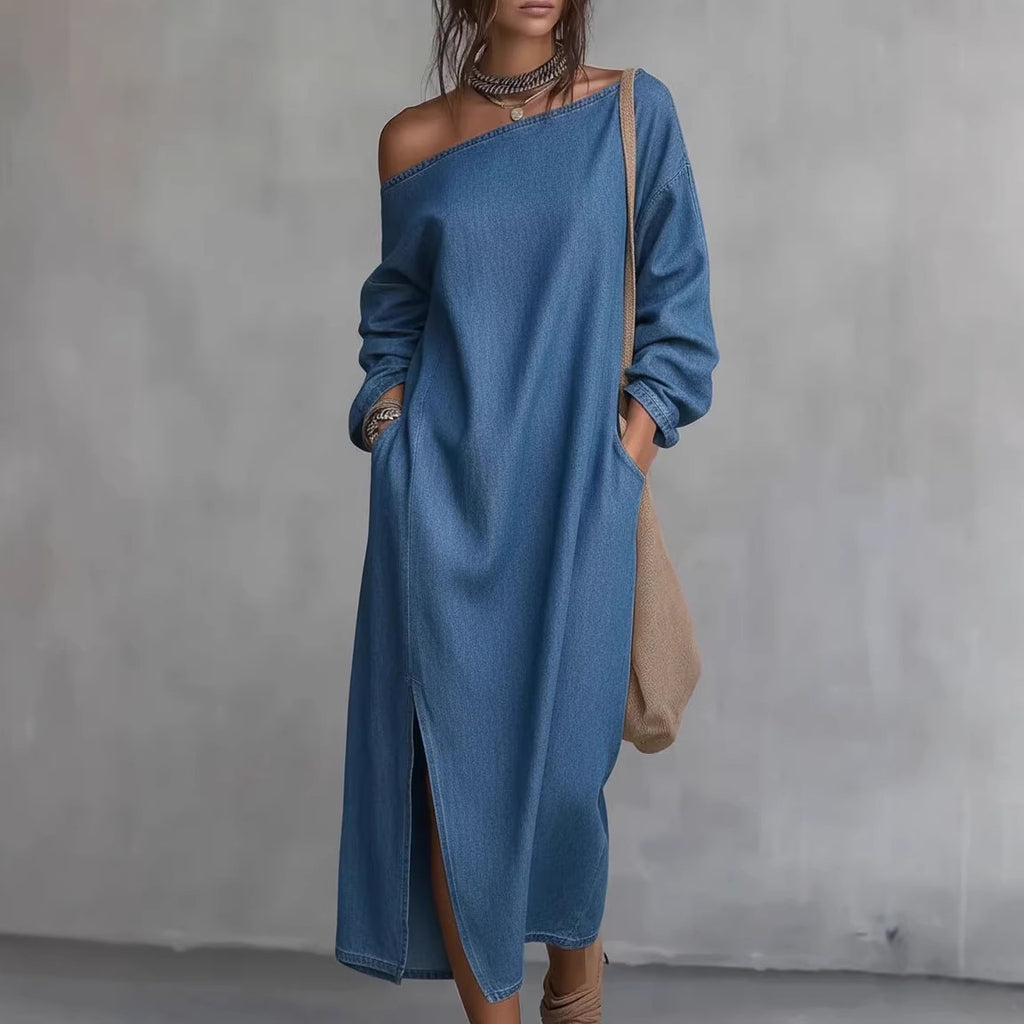 Robe longue asymétrique à manches longues et boutons