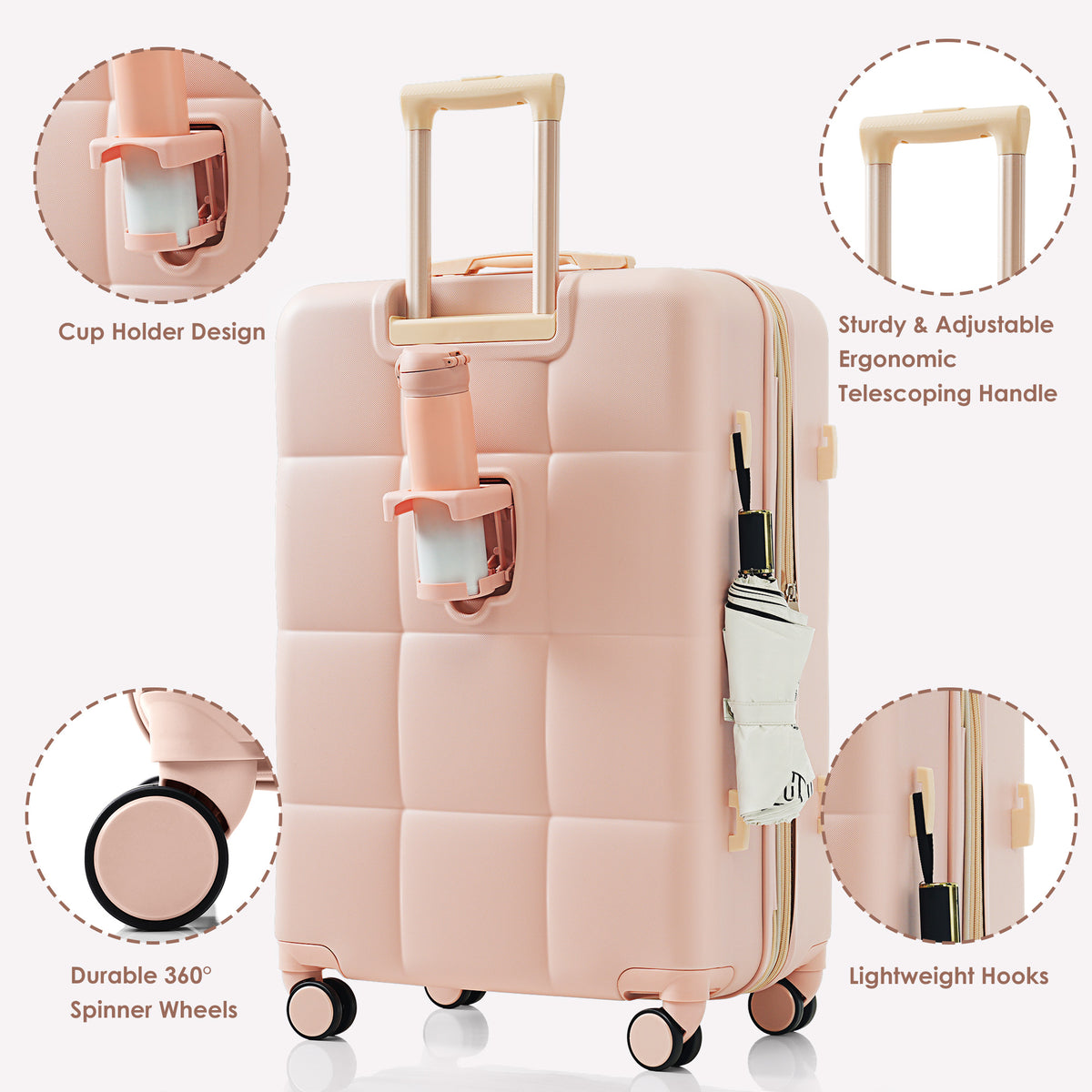 Set de 3 Valises Rigides Rose en ABS – Port USB, Porte-Gobelet et Roulettes 360°