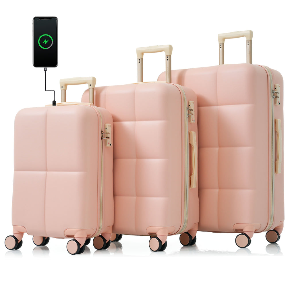 Set de 3 Valises Rigides Rose en ABS – Port USB, Porte-Gobelet et Roulettes 360°