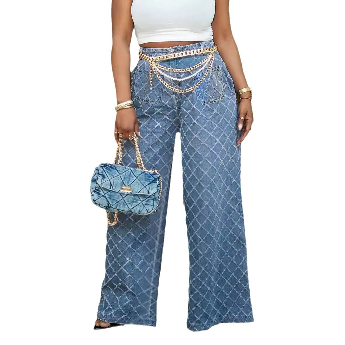 Jean taille haute droit – Jacquard quadrillé lavé, Style street fashion, Bleu