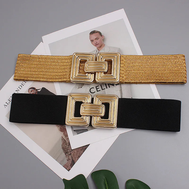 Ceinture large élastique femme à boucle géométrique dorée