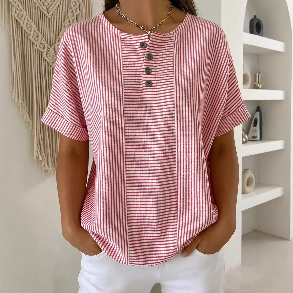 T-shirt femme rayé à manches courtes et col boutonné