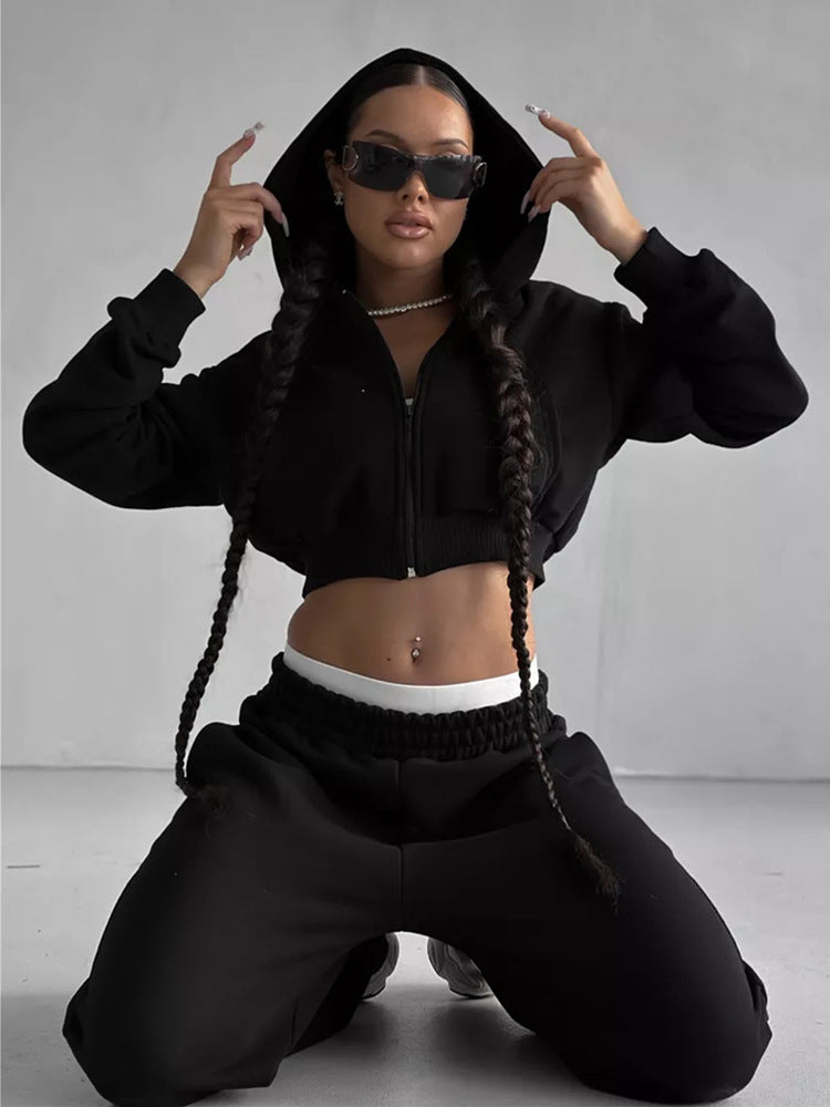 Damen-2-Teiler – Kurzes Kapuzenoberteil mit langen Ärmeln & lange Hose im sportlichen Stil