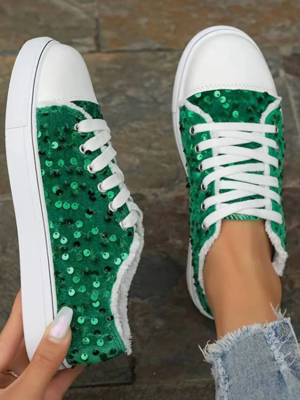 Flache Glitzer-Sneaker für Damen – Runde Kappe, Gummisohle, funkelnd