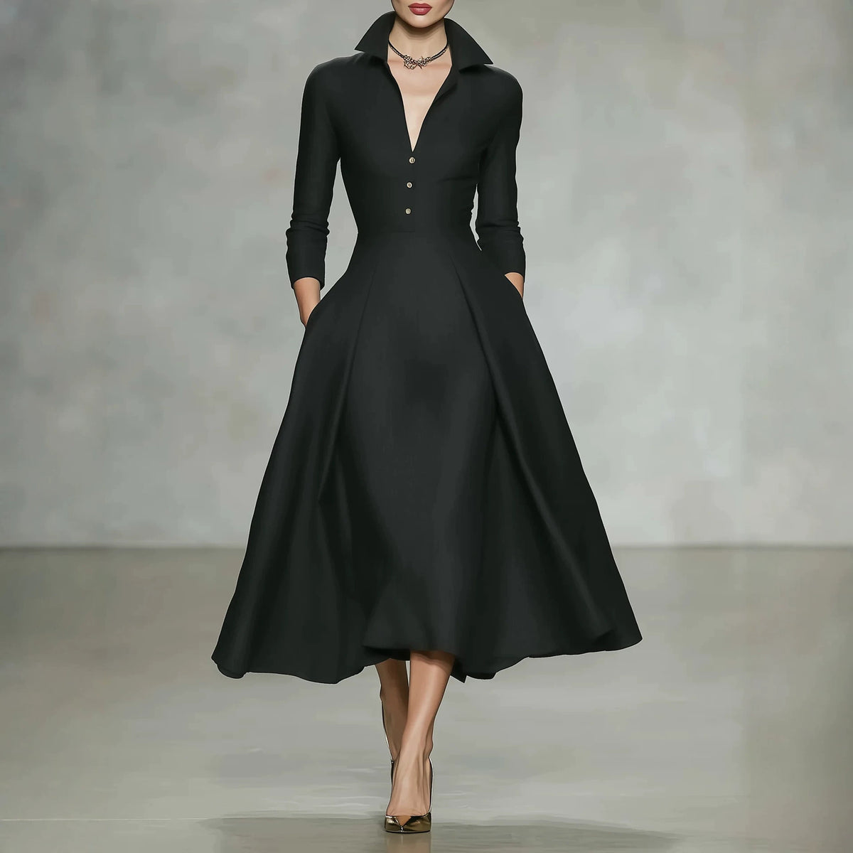 Robe midi à col V et manches longues, taille cintrée