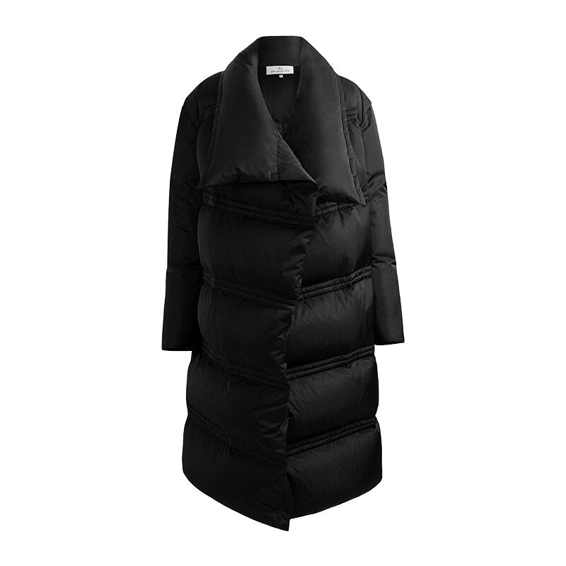 Doudoune longue femme haut de gamme noire en duvet de canard à grand col