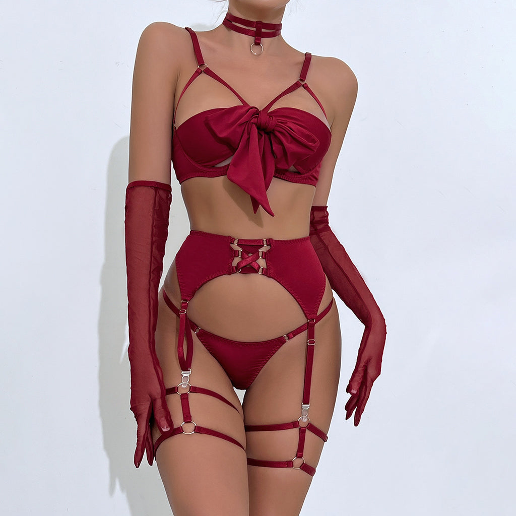 Ensemble lingerie effet satin à grand nœud et porte-jarretelles