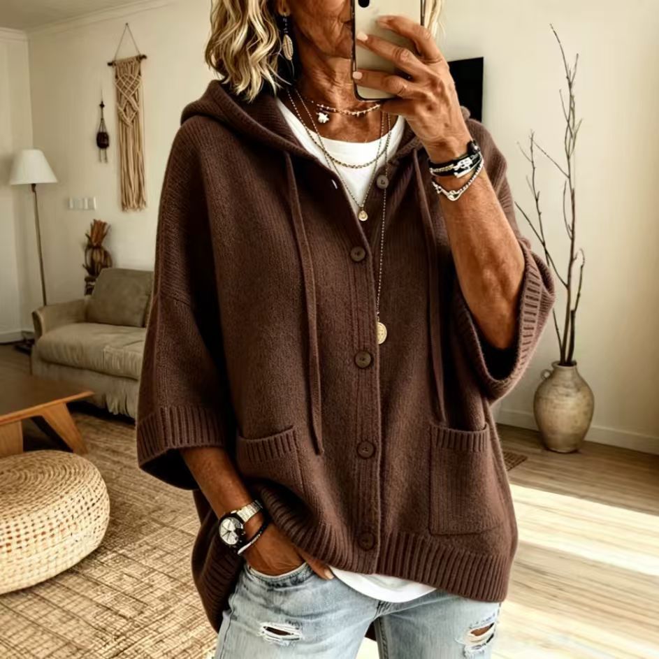 Einfarbige Damen-Kapuzenstrickjacke – Große Größen & 9 Farben