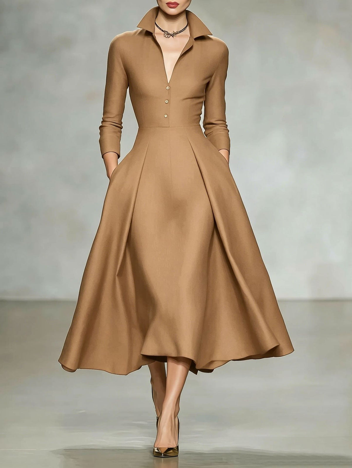 Robe midi à col V et manches longues, taille cintrée