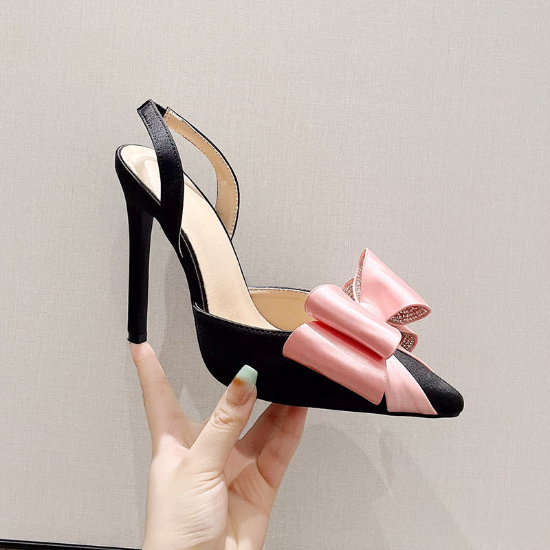 Sandales Talon Aiguille Femme – Satin, Nœud Papillon & Strass, Très Haut Talon 11.5 cm