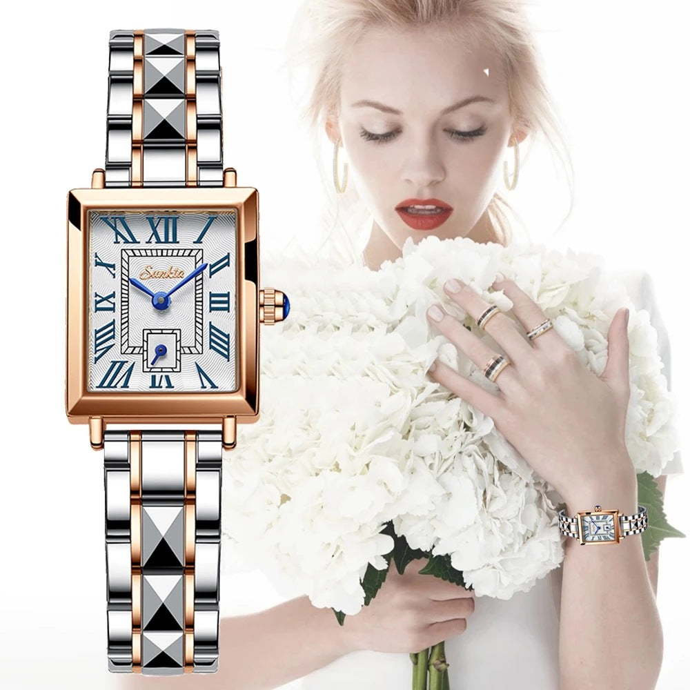 Montre Femme Lige Carrée Quartz – Bracelet Acier, Calendrier & Étanche 30M