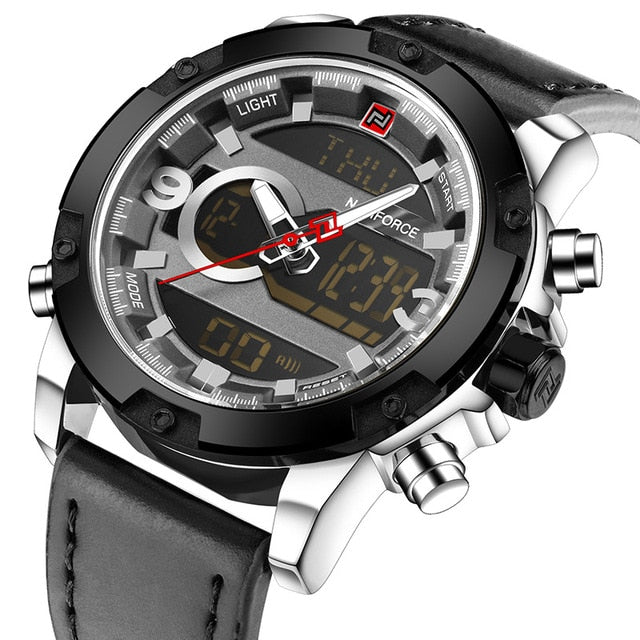 Naviforce Herrenuhr Ana-Digi Quarz — Lederarmband, Alarm, Chronograph, 46,5 mm