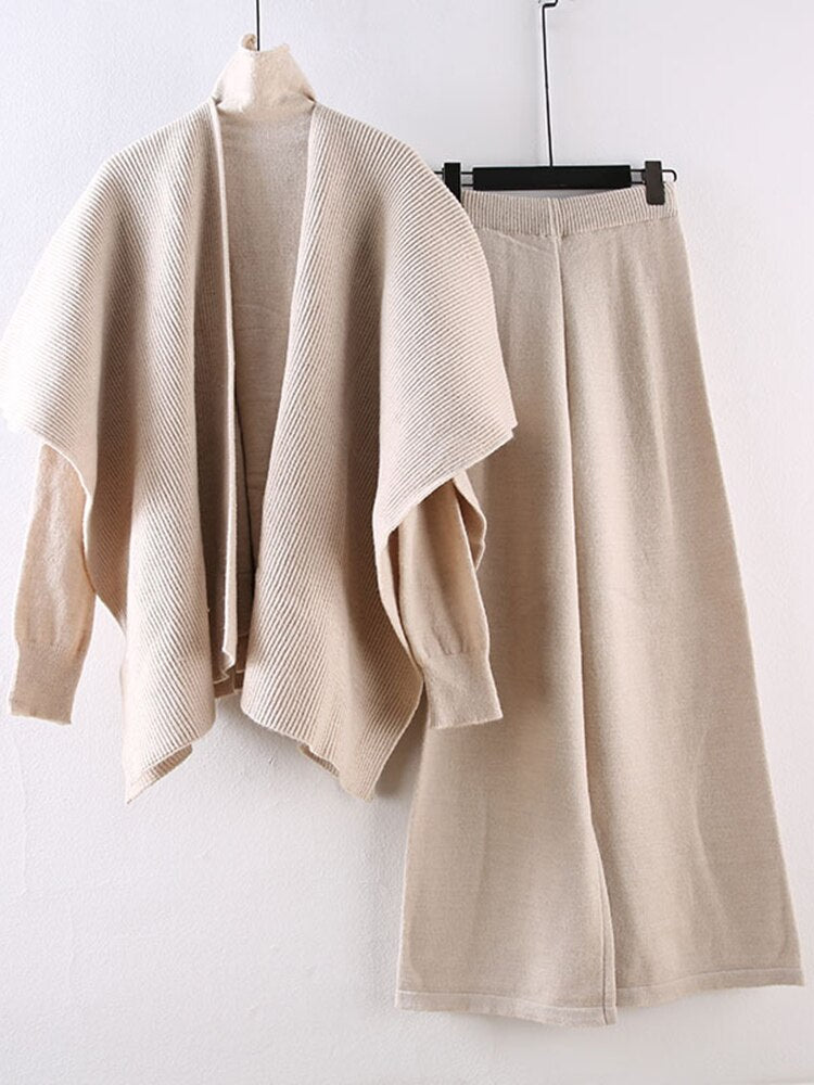 Ensemble femme en maille 3 pièces – Pull col roulé, châle et pantalon large