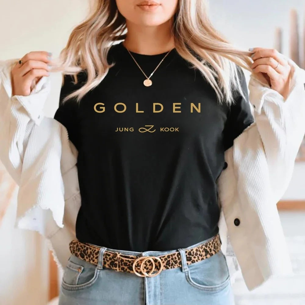 T-Shirt Femme Imprimé Lettres Dorées – Manches Courtes, Col Rond