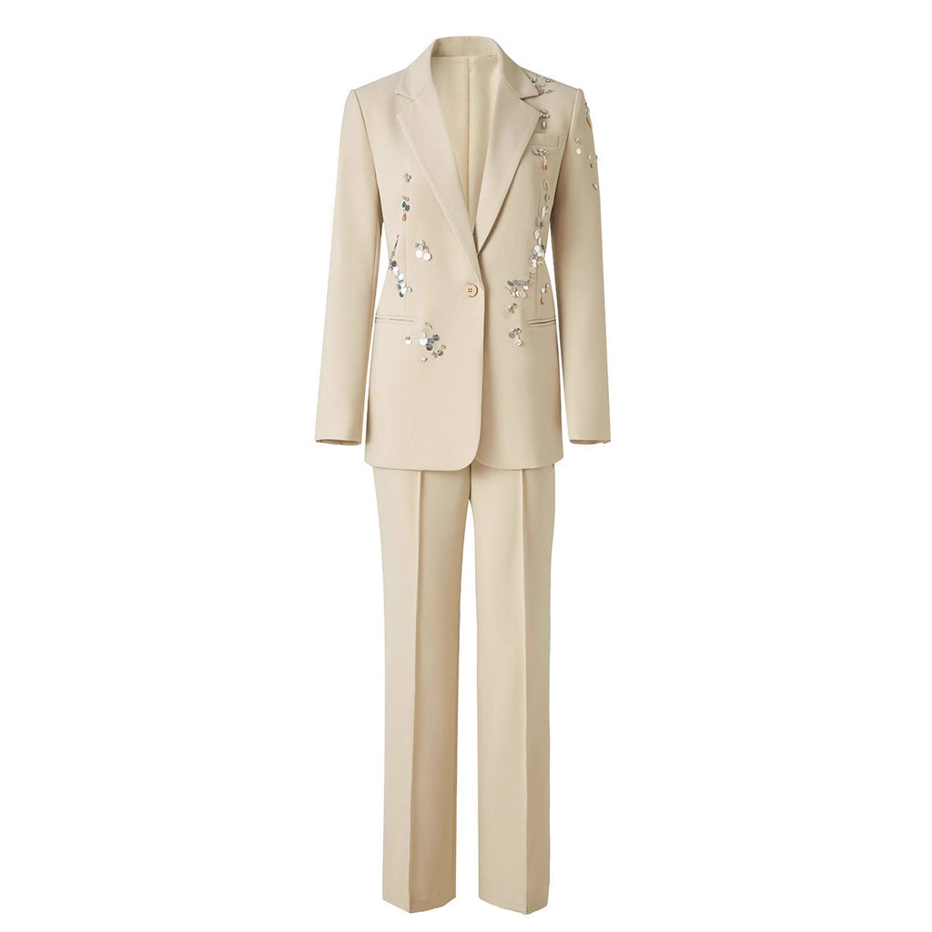 Tailleur pantalon femme à ornements brillants – Ensemble deux pièces