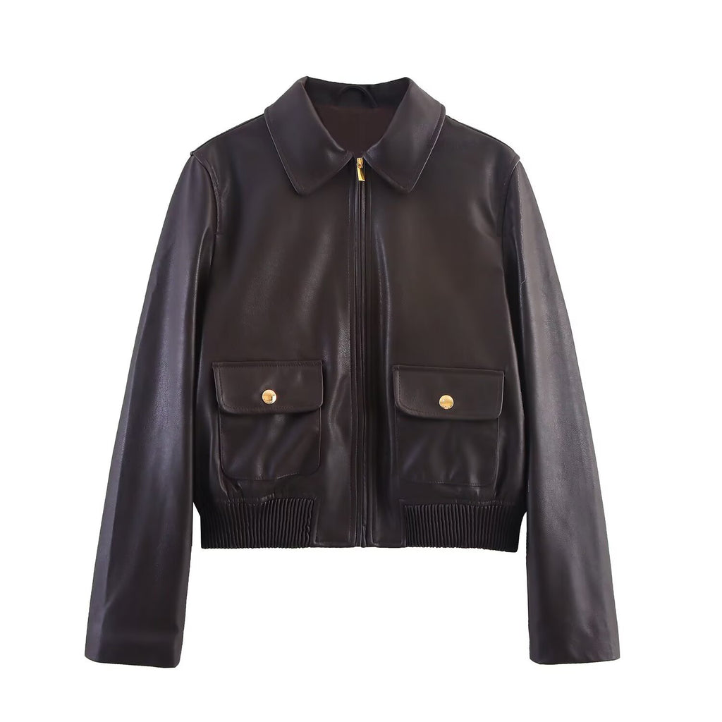Blouson femme marron enduit à poches et détails dorés