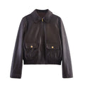 Blouson femme marron enduit à poches et détails dorés