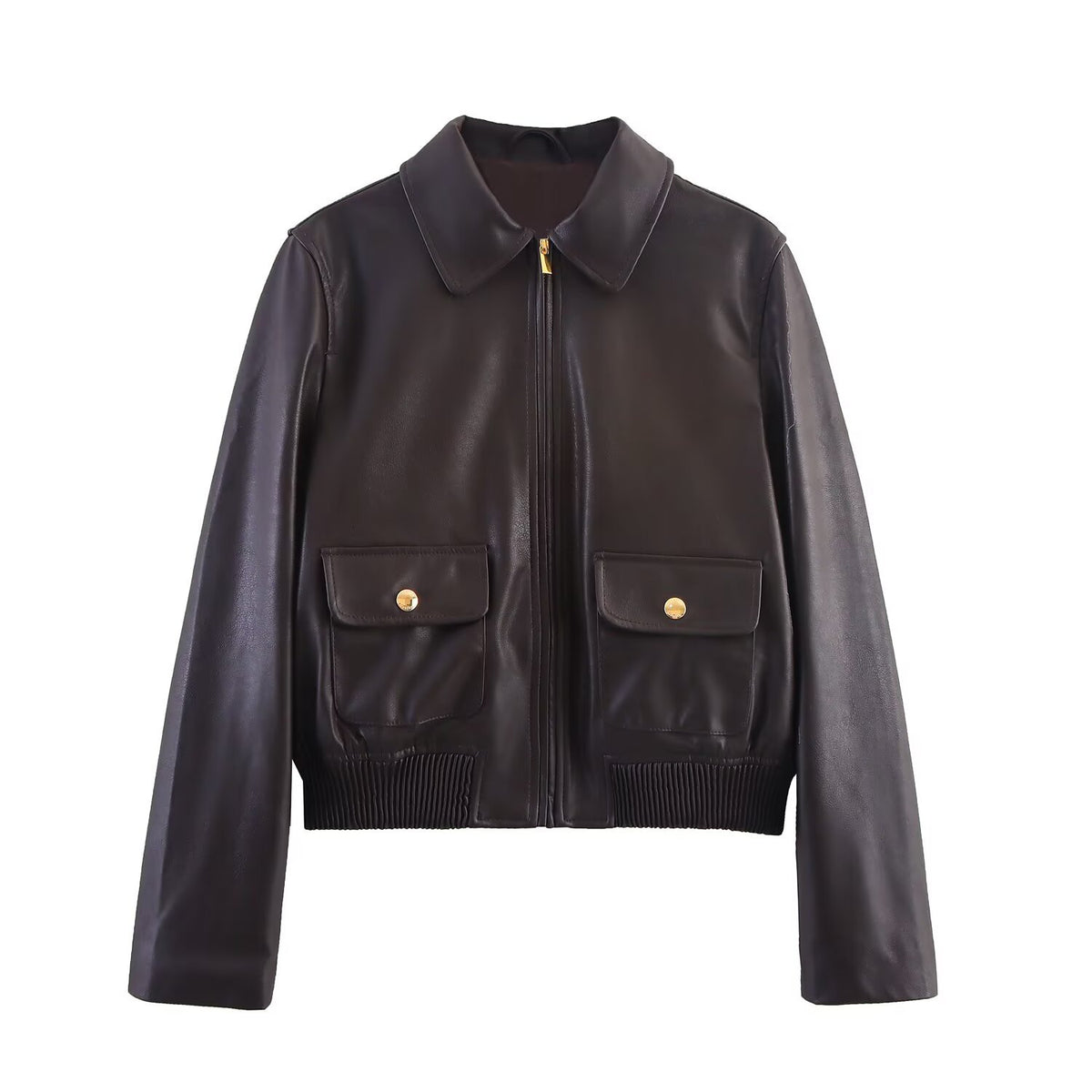 Blouson femme marron enduit à poches et détails dorés