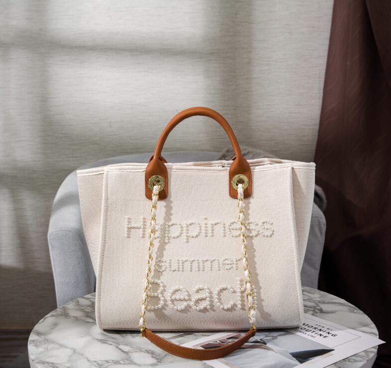Large Women's Tote Bag Handmade Embroidered Bead Canvas – Cream White Chanel Style